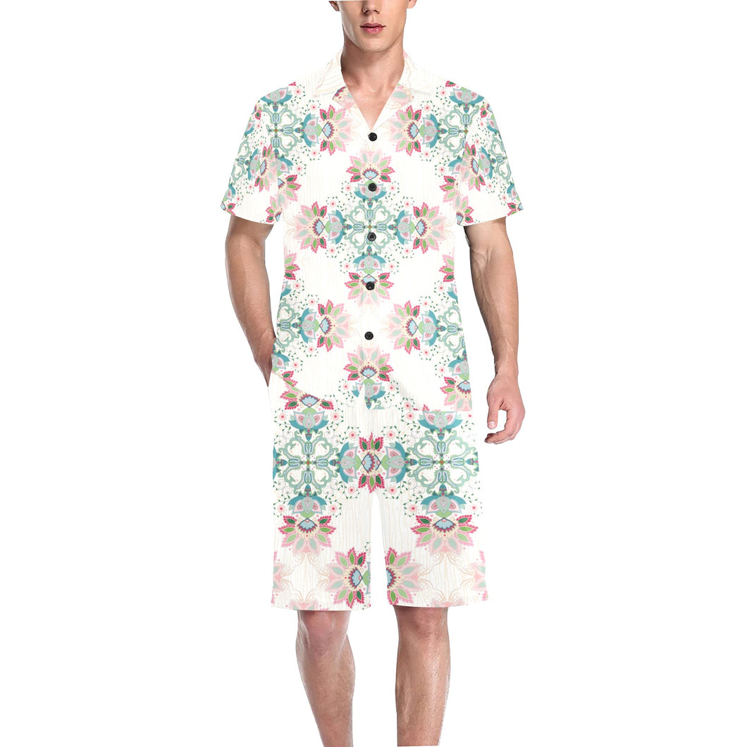 Square floral indian flower pattern Men's V-Neck Short Pajama Set