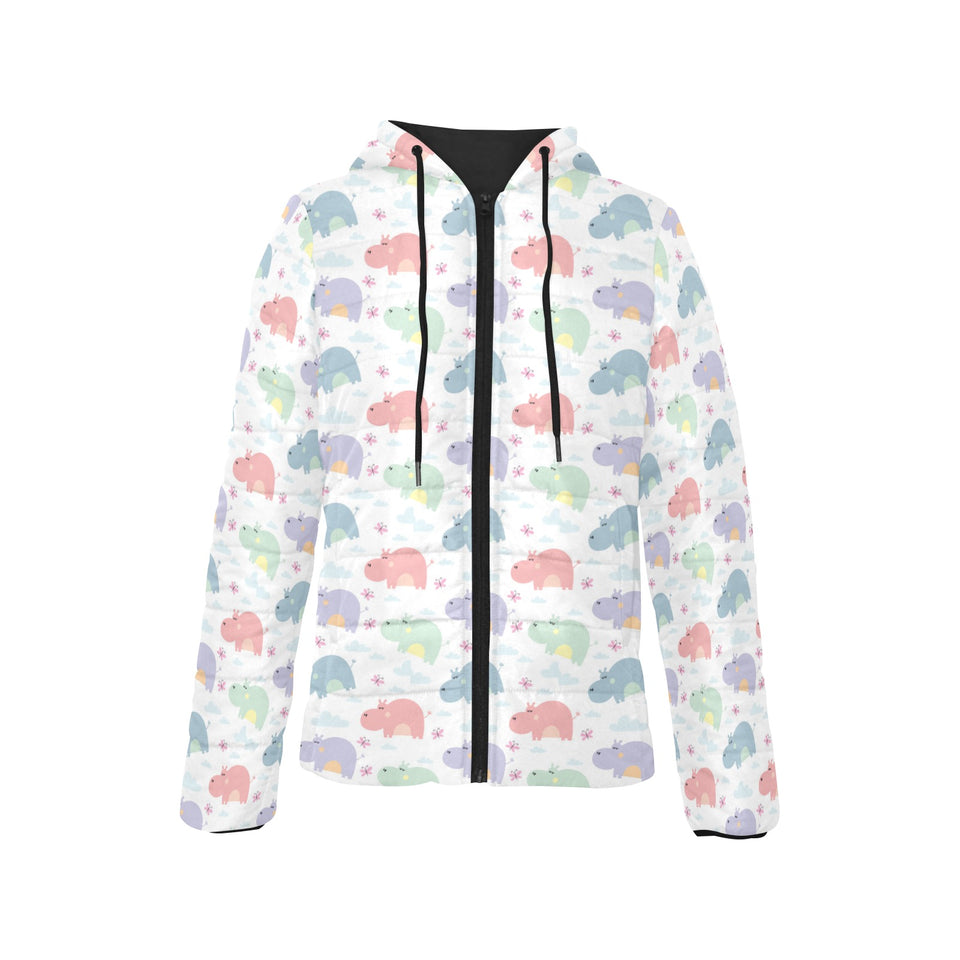 Hippopotamus Pattern Print Design 03 Women's Padded Hooded Jacket