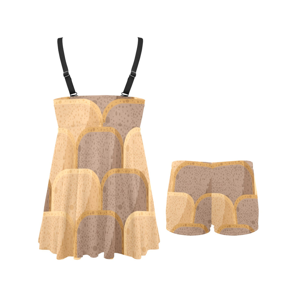 Bread Toast Pattern Print Design 04 Chest Sexy Pleated Two Piece Swim Dress