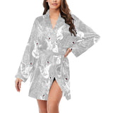 white swan gray background Women's Long Sleeve Belted Night Robe