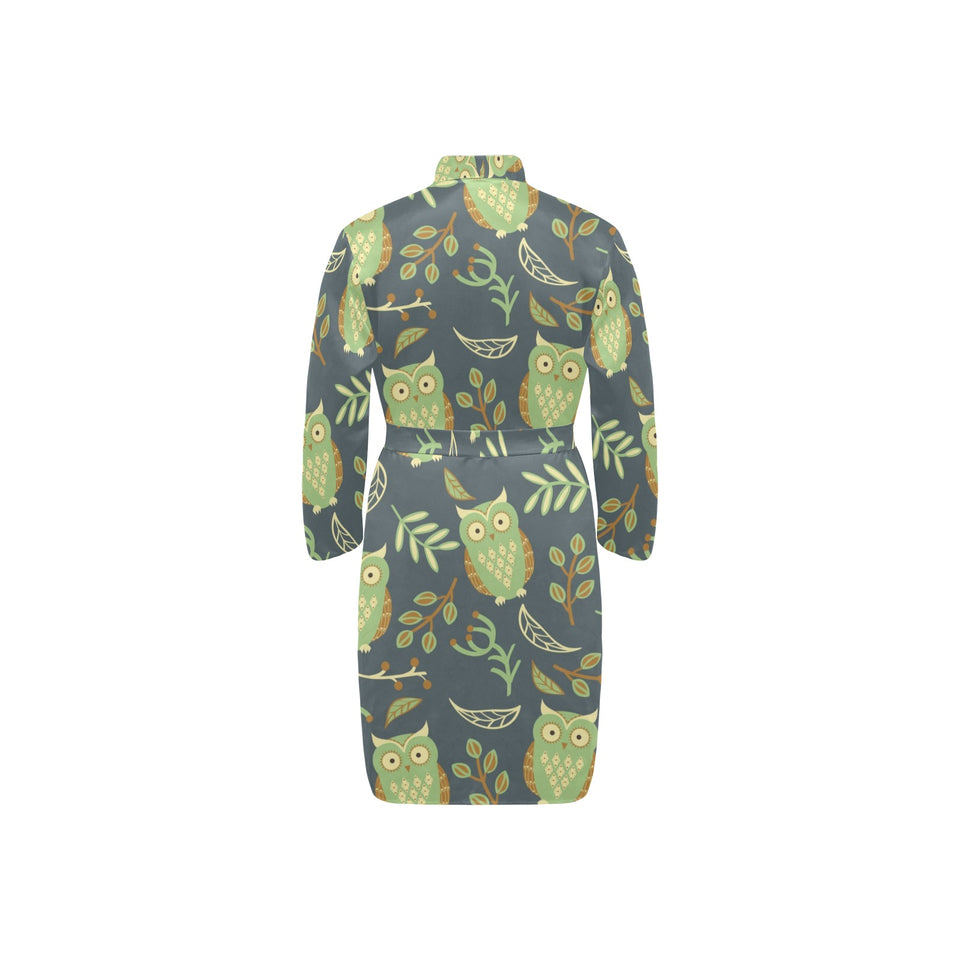 Cute owls leaves pattern Men's Long Sleeve Belted Night Robe