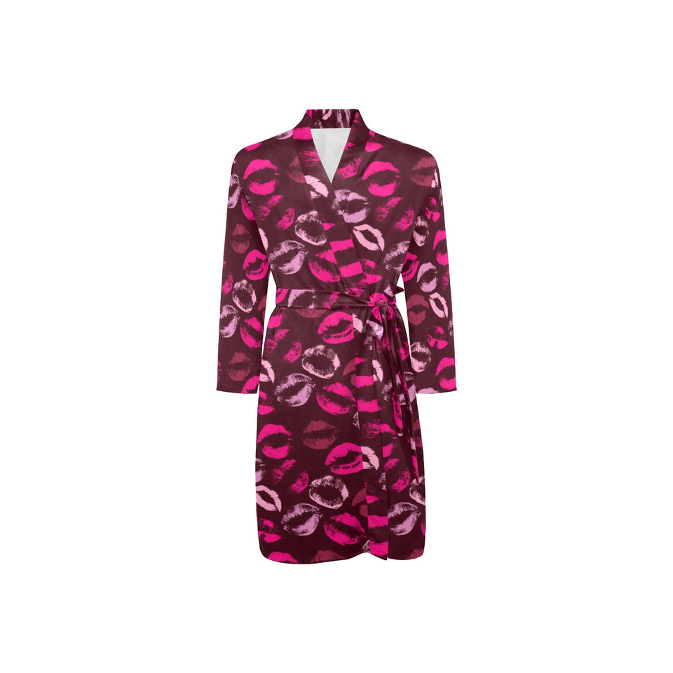 Lips Pattern Print Design 03 Men's Long Sleeve Belted Night Robe