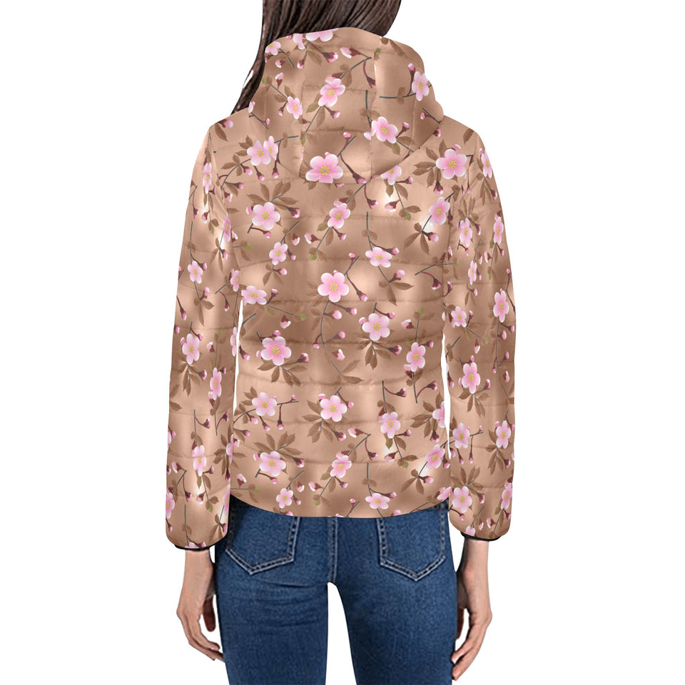 Pink sakura cherry blossom drak brown background Women's Padded Hooded Jacket