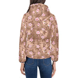 Pink sakura cherry blossom drak brown background Women's Padded Hooded Jacket