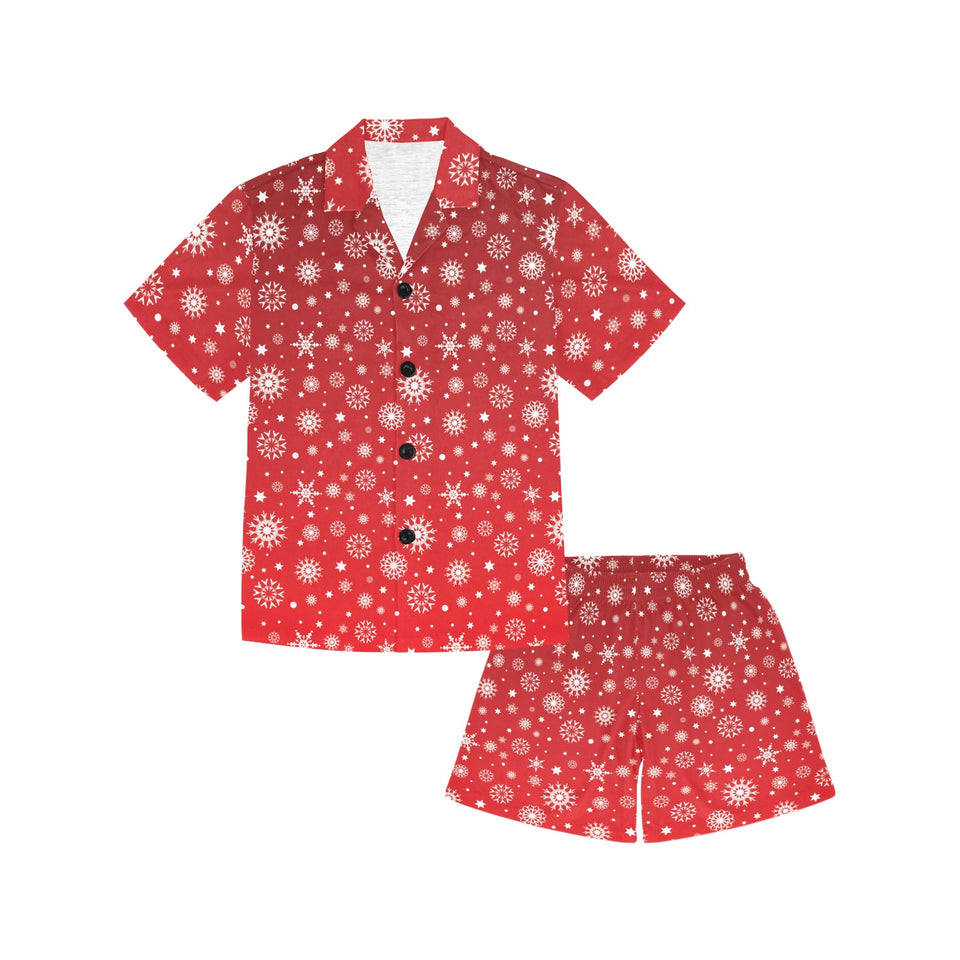 Snowflake pattern red background Kids' Boys' Girls' V-Neck Short Pajama Set