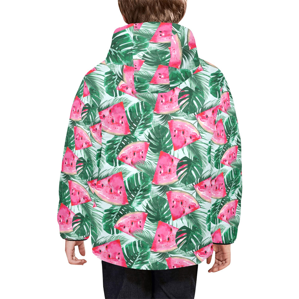 Watermelons tropical palm leaves pattern Kids' Boys' Girls' Padded Hooded Jacket