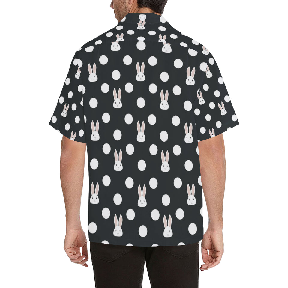 Cute white rabbit polka dots black background Men's All Over Print Hawaiian Shirt