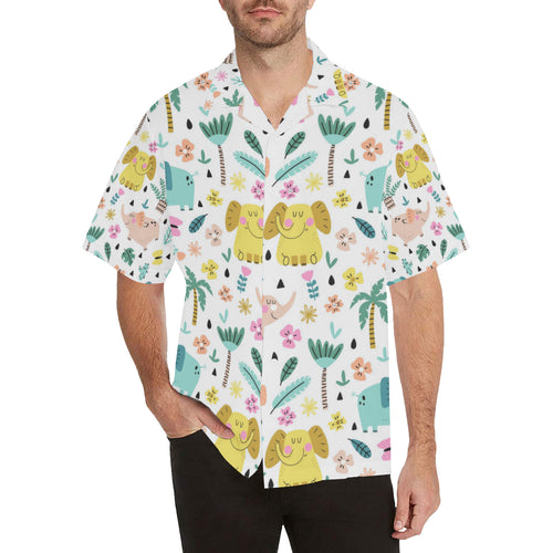 Cute elephants palm tree flower butterfly pattern Men's All Over Print Hawaiian Shirt