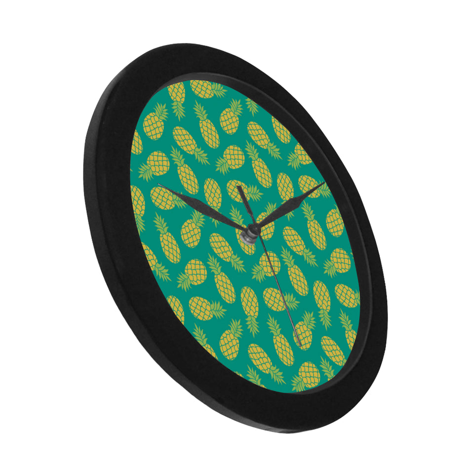 Pineapples pattern green background Elegant Black Wall Clock