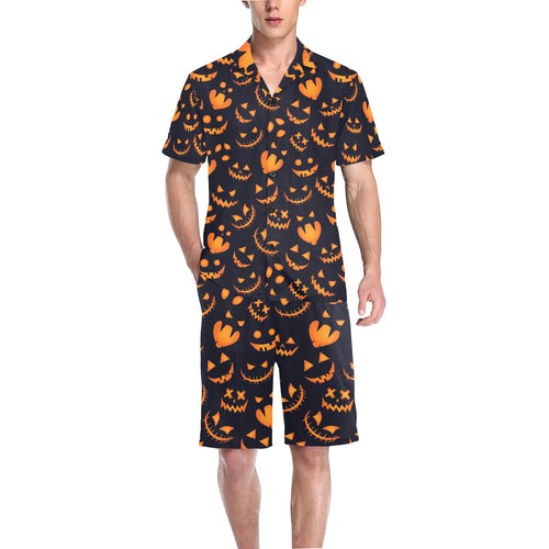 Halloween pattern Pumpkin background Men's V-Neck Short Pajama Set