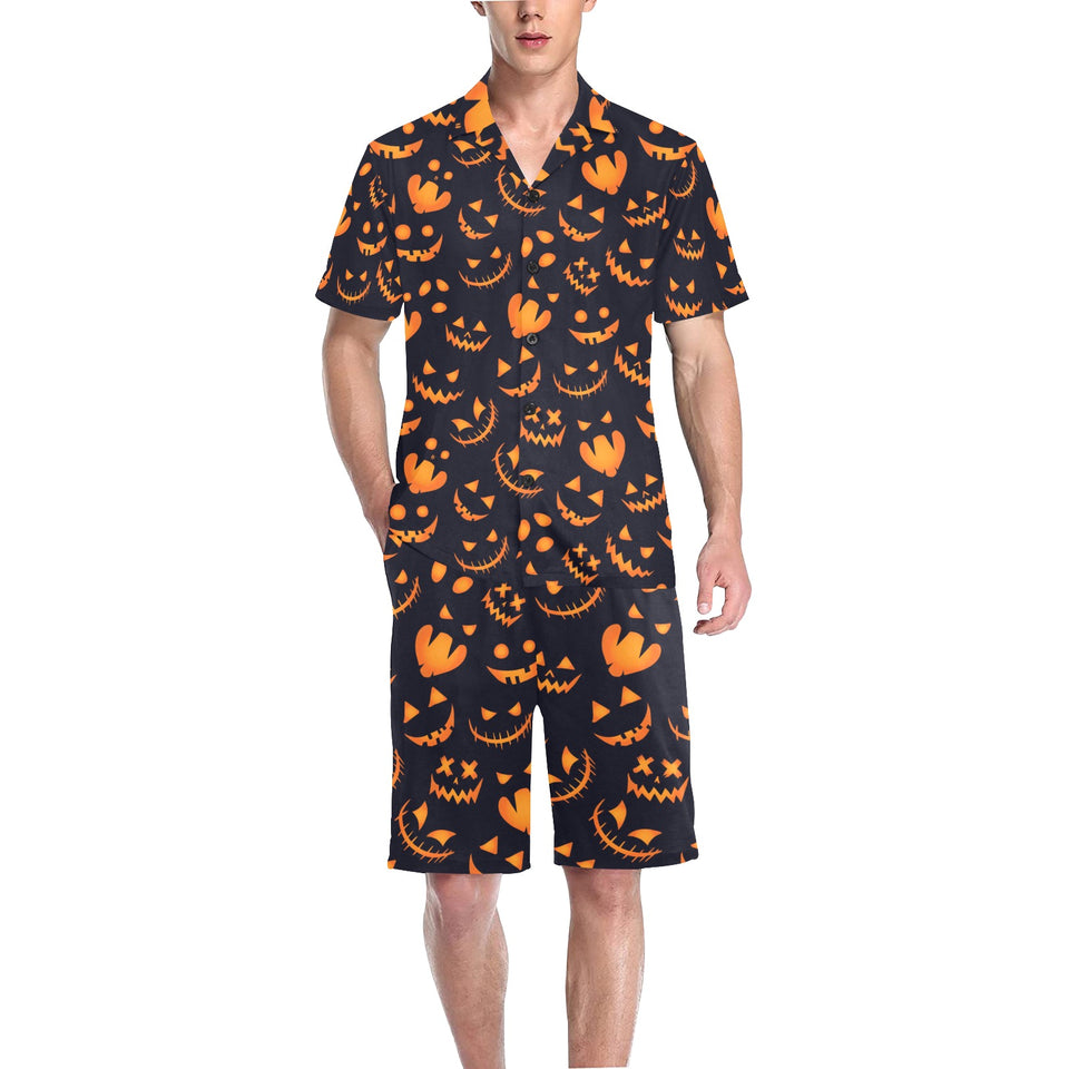 Halloween pattern Pumpkin background Men's V-Neck Short Pajama Set