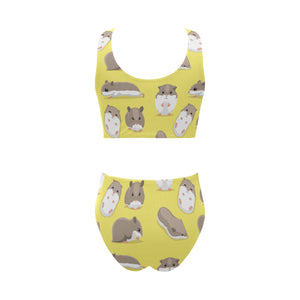 Cute Hamster pattern Chest Bowknot High Waisted Bikini Swimsuit