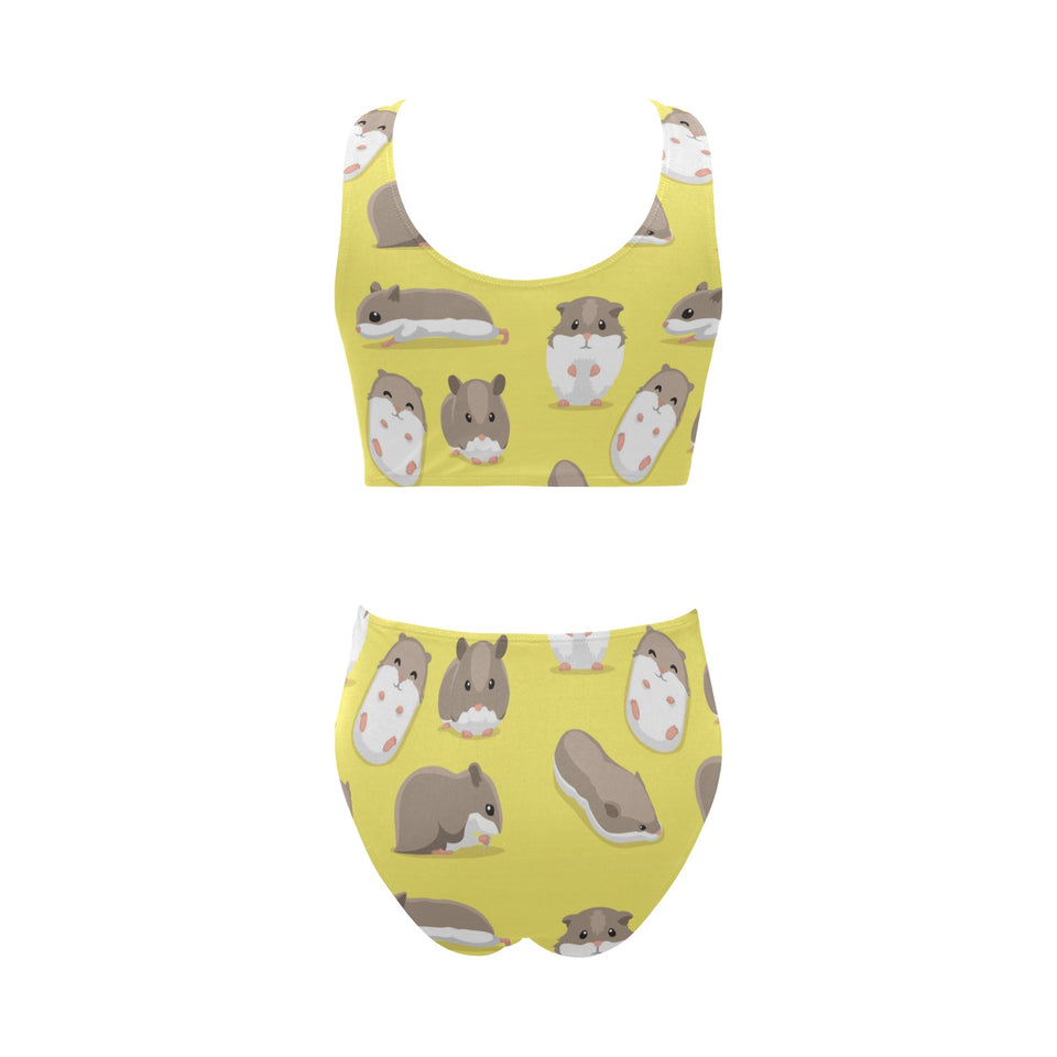Cute Hamster pattern Chest Bowknot High Waisted Bikini Swimsuit