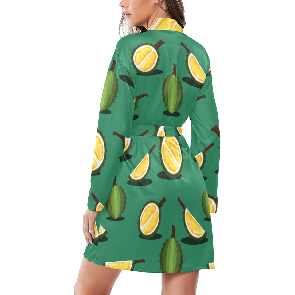 Durian pattern green background Women's Long Sleeve Belted Night Robe