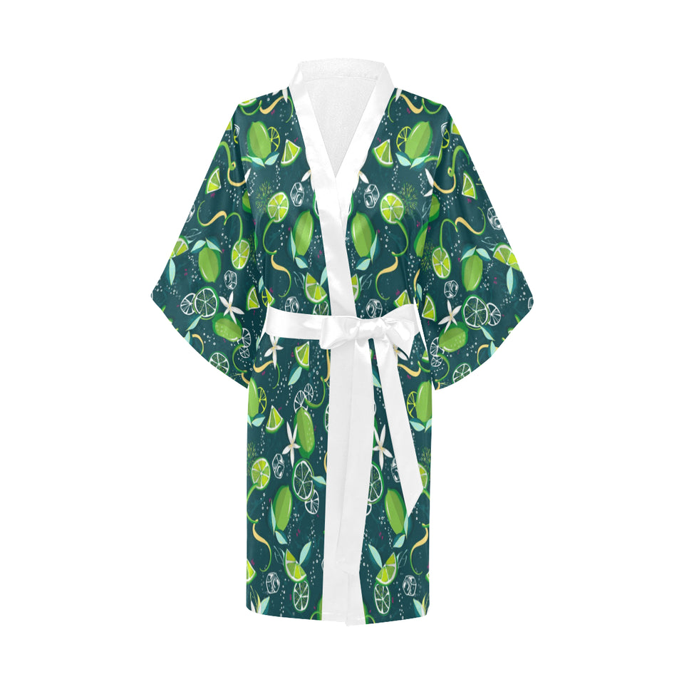 Lime ice flower pattern Women's Short Kimono Robe