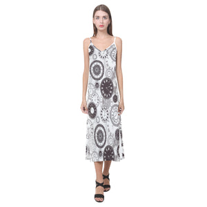 Classic vintage clock pattern V-Neck Open Fork Long Dress