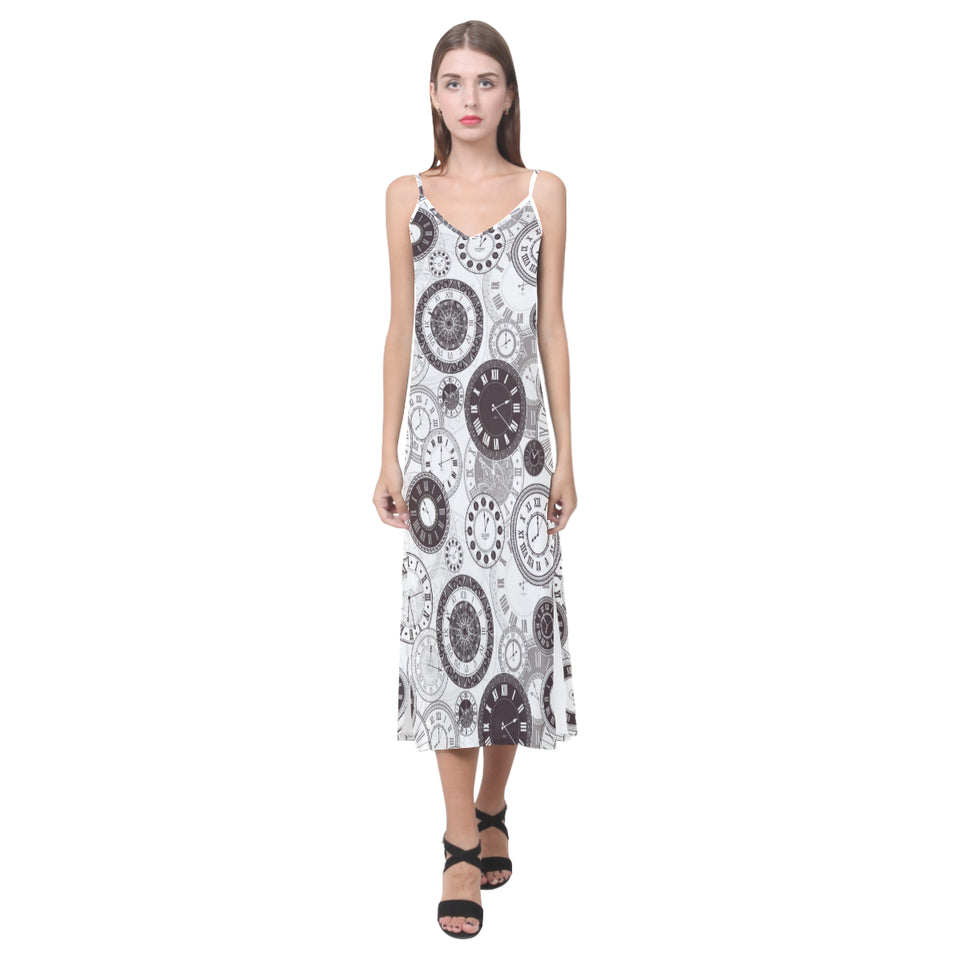 Classic vintage clock pattern V-Neck Open Fork Long Dress