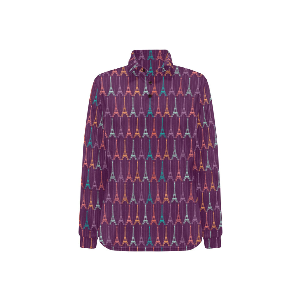 Eiffel Tower Pattern Print Design 05 Women's Long Sleeve Polo Shirt