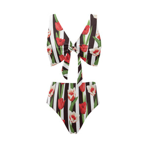 red and white tulips pattern Chest Bowknot High Waisted Bikini Swimsuit
