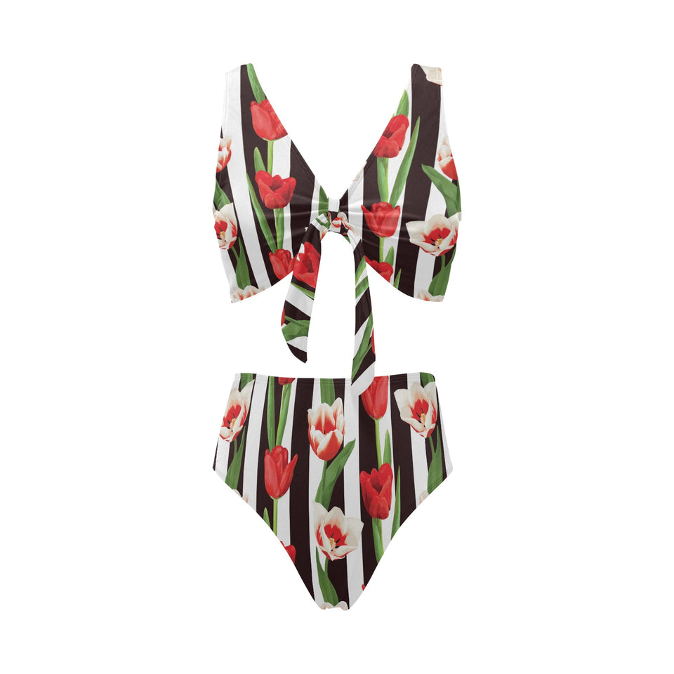 red and white tulips pattern Chest Bowknot High Waisted Bikini Swimsuit