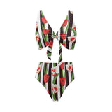 red and white tulips pattern Chest Bowknot High Waisted Bikini Swimsuit
