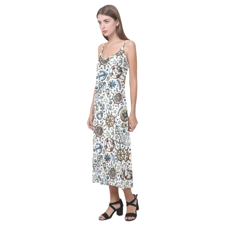 Cute nautical steering wheel anchor pattern V-Neck Open Fork Long Dress