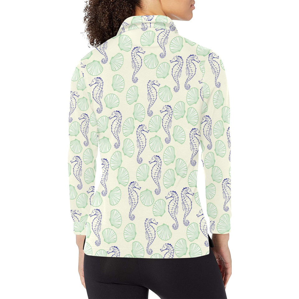 Seahorse shell pattern Women's Long Sleeve Polo Shirt
