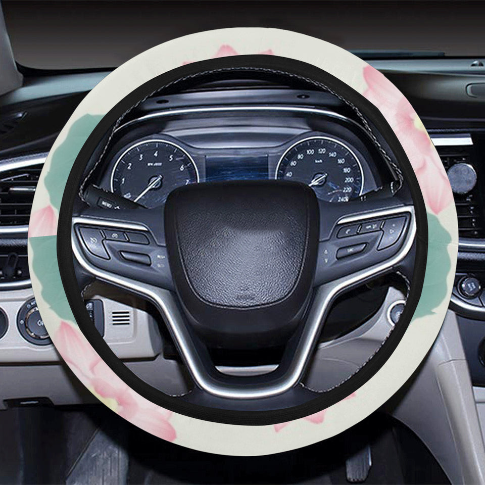 Pink lotus waterlily leaves pattern Car Steering Wheel Cover