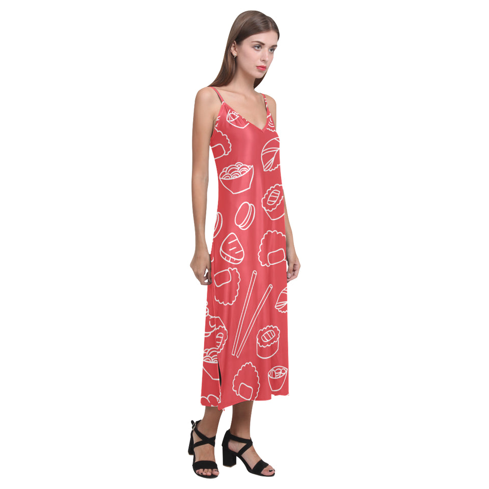 sushi pattern red background V-Neck Open Fork Long Dress