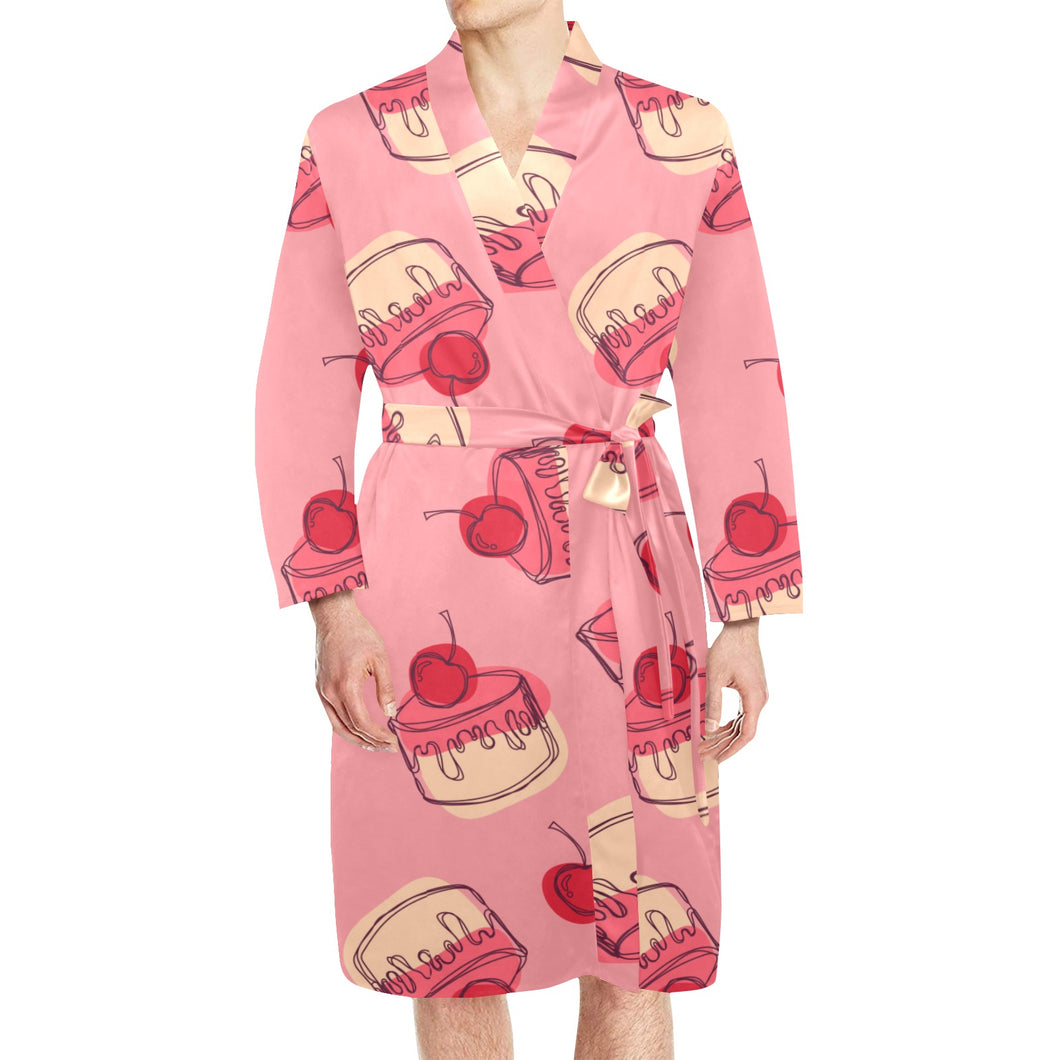 Cake cherry pattern Men's Long Sleeve Belted Night Robe