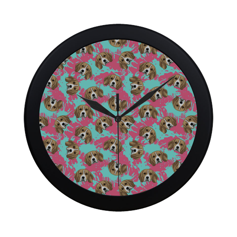 Beagle muzzles turquoise paint splashes pink patte Elegant Black Wall Clock