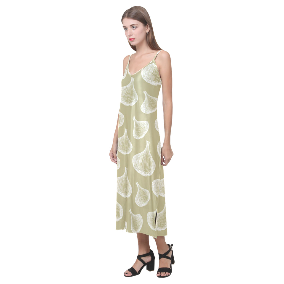Garlic design pattern V-Neck Open Fork Long Dress