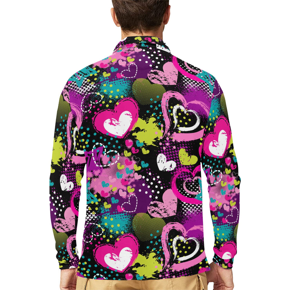 heart dot wave star creative design pattern Men's Long Sleeve Polo Shirt