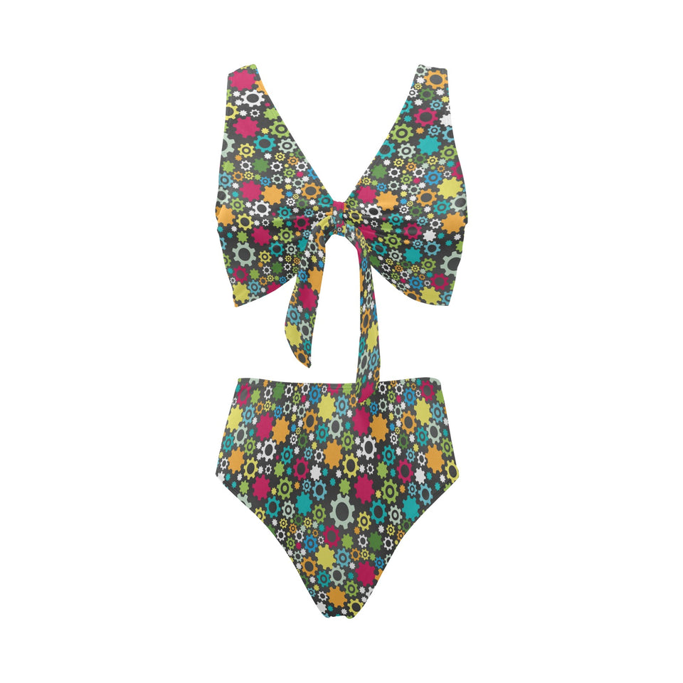 Gear Pattern Print Design 03 Chest Bowknot High Waisted Bikini Swimsuit