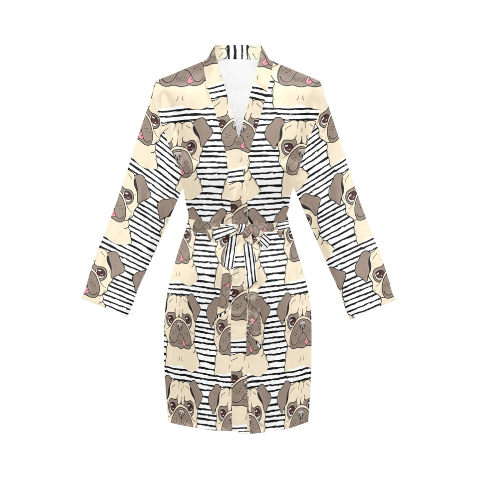 Happy pug pattern Women's Long Sleeve Belted Night Robe