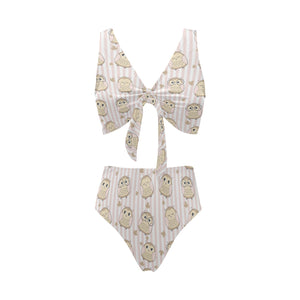 cute owl leaf Chest Bowknot High Waisted Bikini Swimsuit