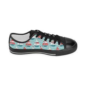 Red White sailboat wave background Kids' Boys' Girls' Low Top Canvas Shoes Black