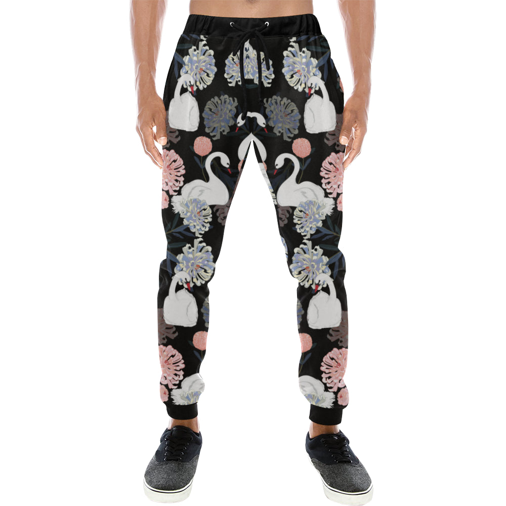 white swan blooming flower pattern Unisex Casual Sweatpants