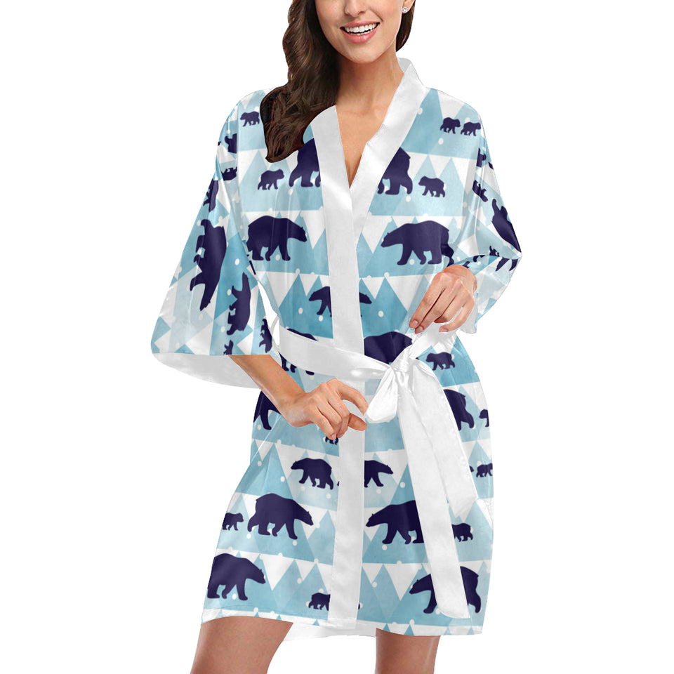 polar bear winter snow pattern Women's Short Kimono Robe
