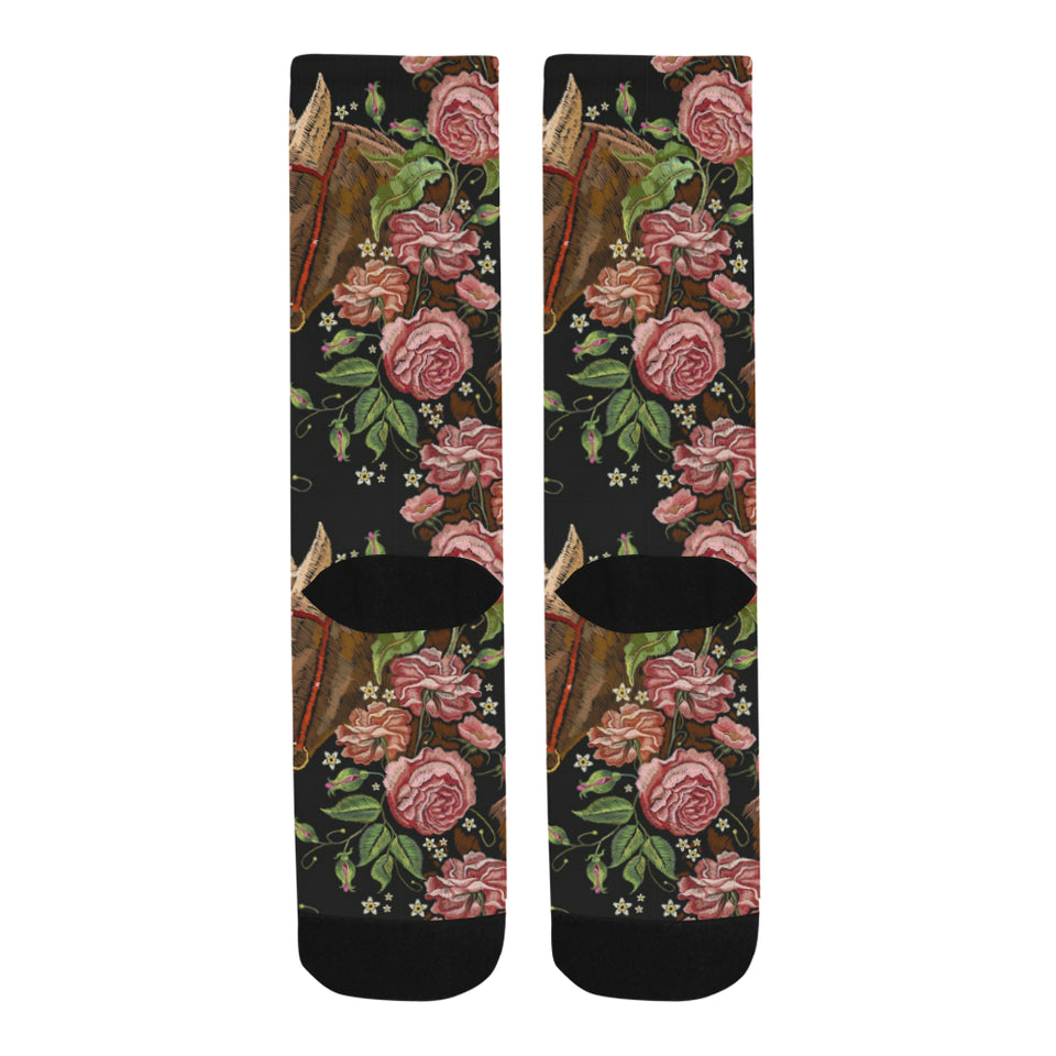 Horse head wild roses pattern Crew Socks