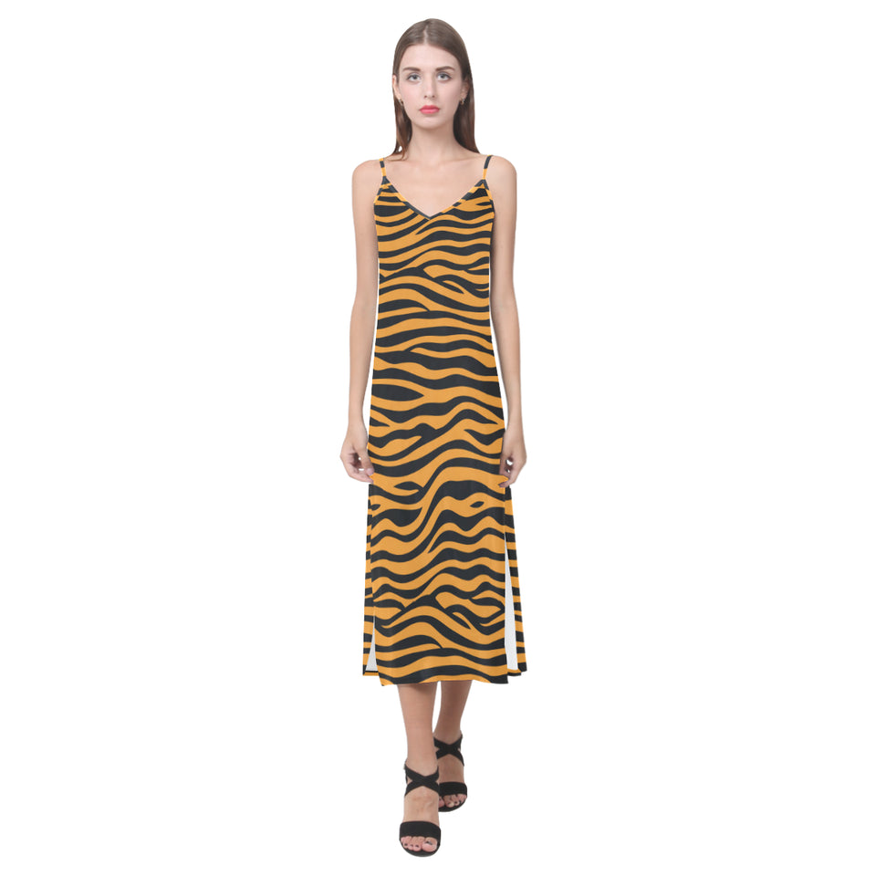 Bengal tigers skin print pattern background V-Neck Open Fork Long Dress