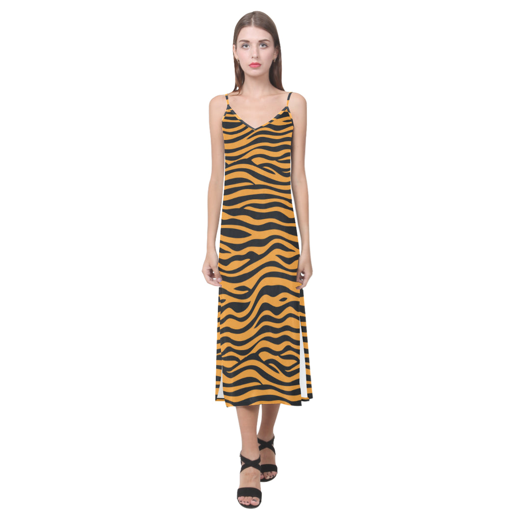 Bengal tigers skin print pattern background V-Neck Open Fork Long Dress