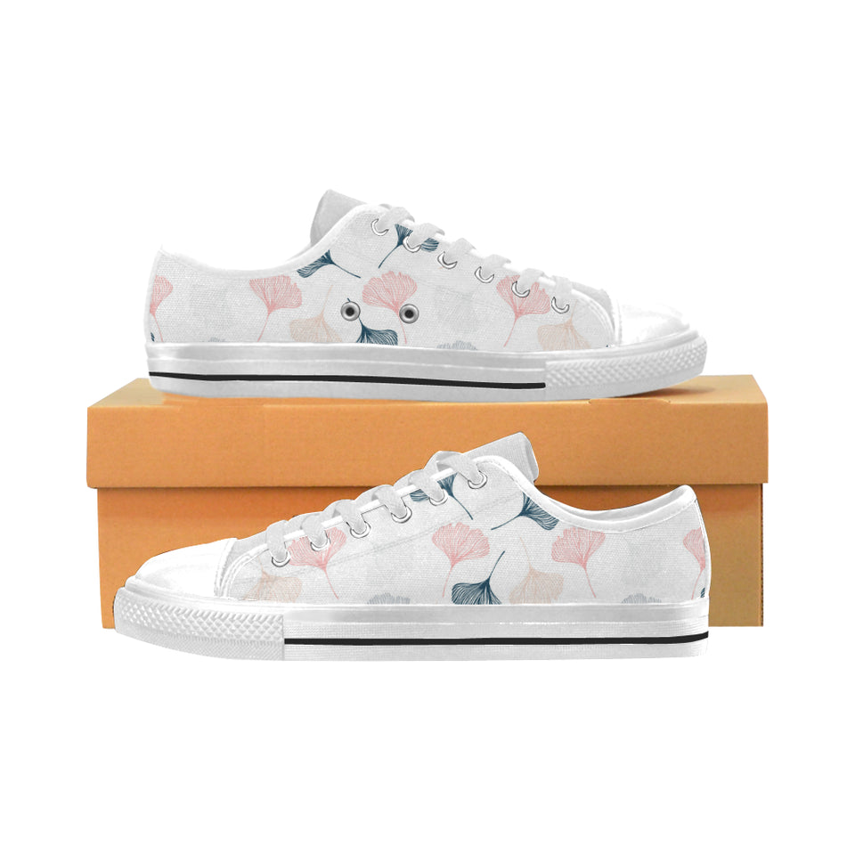 Black Gray Cream coral ginkgo leaves pattern Men's Low Top Canvas Shoes White