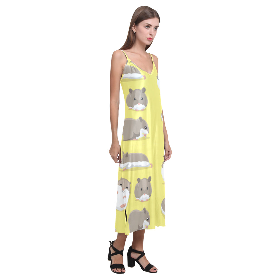 Cute Hamster pattern V-Neck Open Fork Long Dress