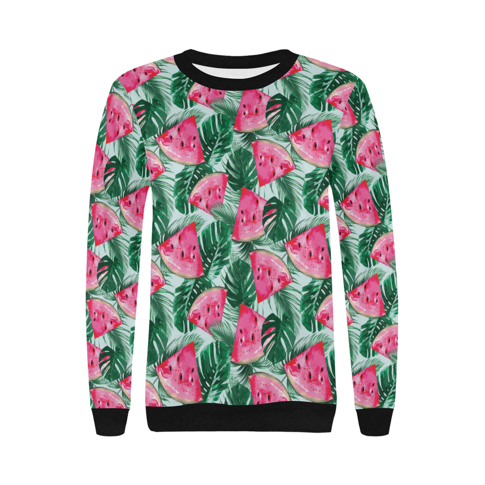 Watermelons tropical palm leaves pattern Women's Crew Neck Sweatshirt