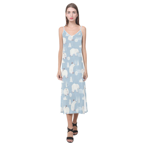 Cute polar bears Christmas decoration pattern V-Neck Open Fork Long Dress