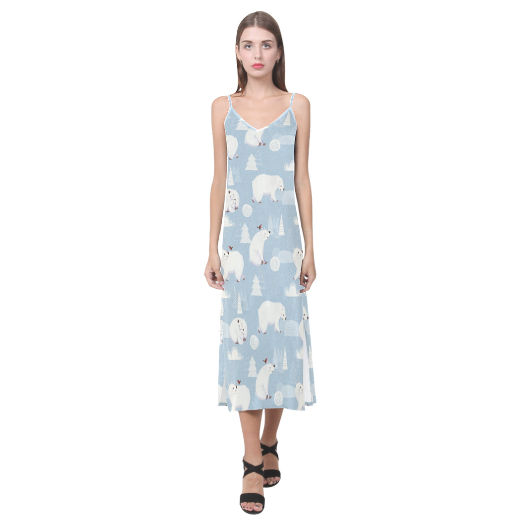 Cute polar bears Christmas decoration pattern V-Neck Open Fork Long Dress
