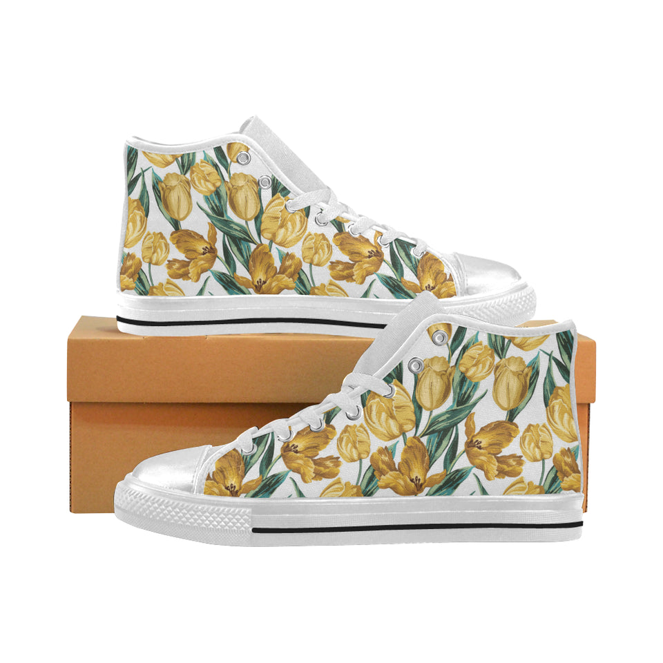 yellow tulips pattern Women's High Top Canvas Shoes White