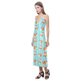 Fox pattern blue b ackground V-Neck Open Fork Long Dress
