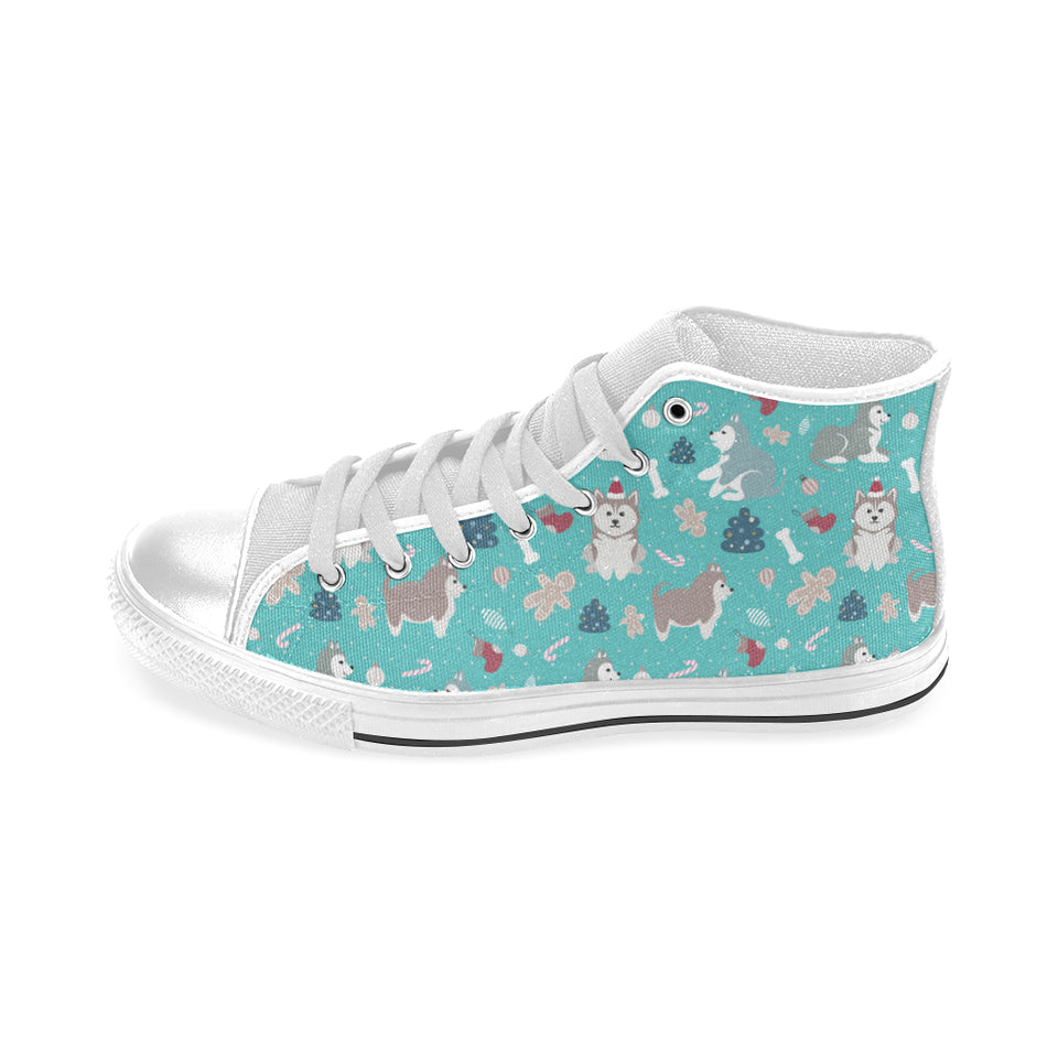 Christmas cute siberian husky puppie pattern Men's High Top Canvas Shoes White